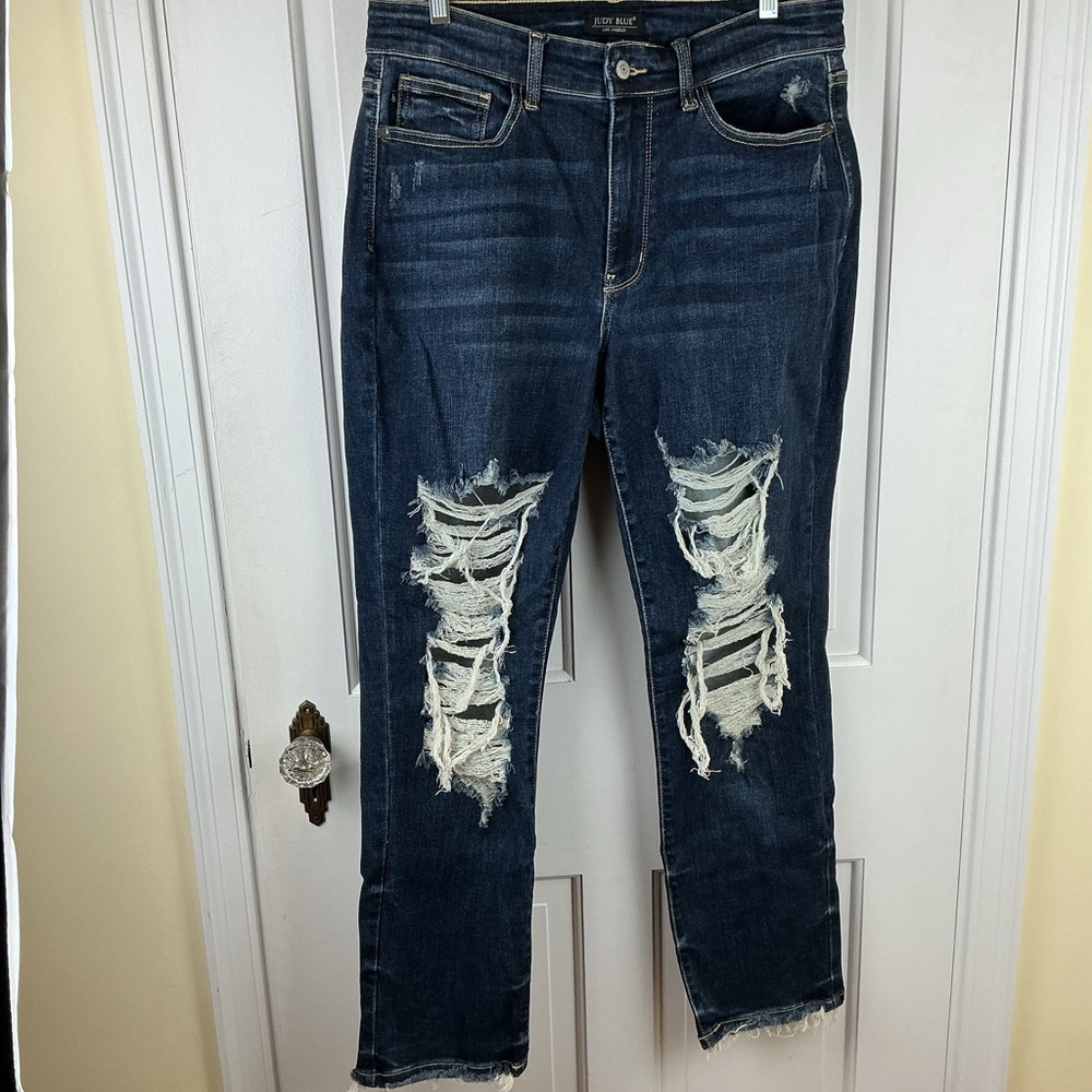 Judy Blue Dark Blue Distressed Straight Leg Jeans